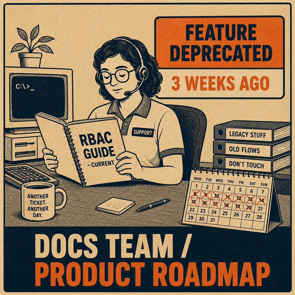 Support agent calmly reading outdated documentation while feature deprecation sign looms behind