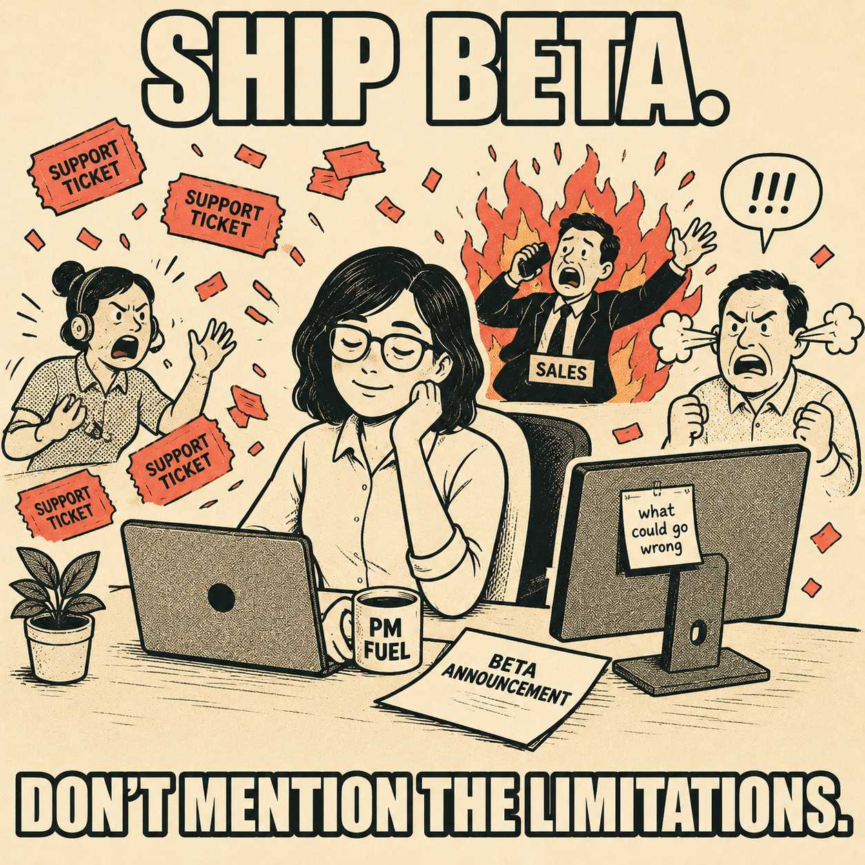 Product manager calmly at desk labeled 'ship beta' while chaos erupts around support tickets and fire.