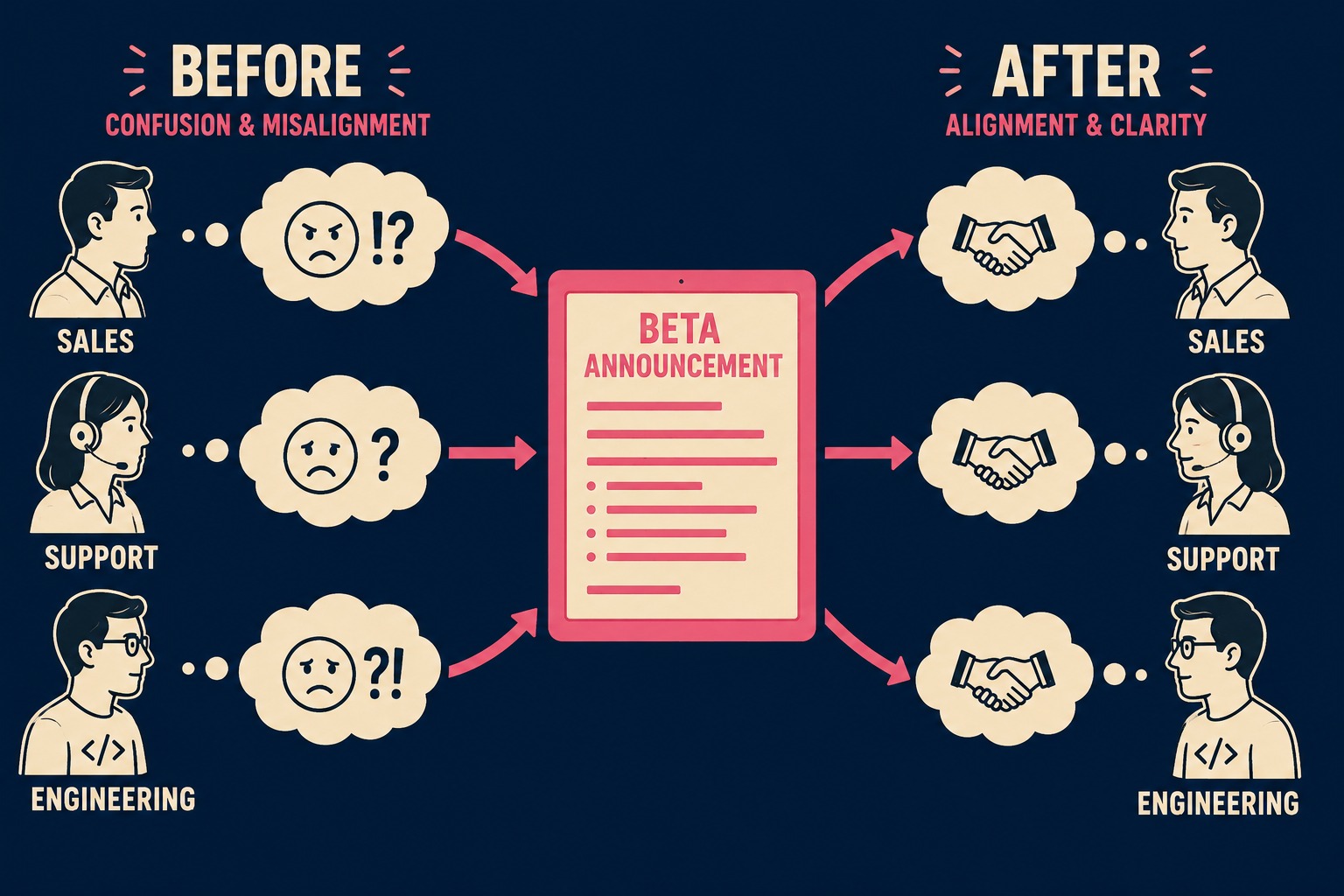 Three stakeholders with conflicting ideas converge on alignment by reading a clear beta announcement.