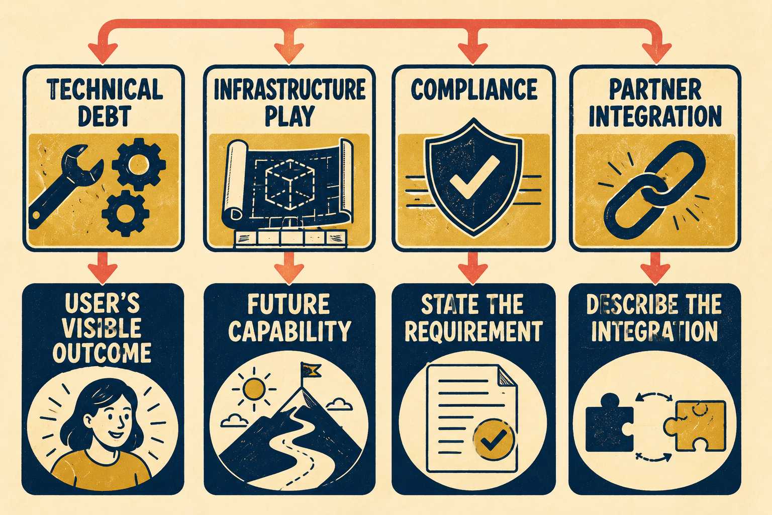 Four framing paths: debt, infrastructure, compliance, integration—each leading to clarity strategy