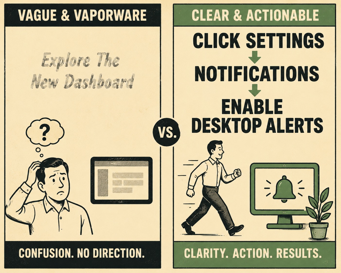 Two column comparison of vague versus specific call-to-action instructions for feature adoption