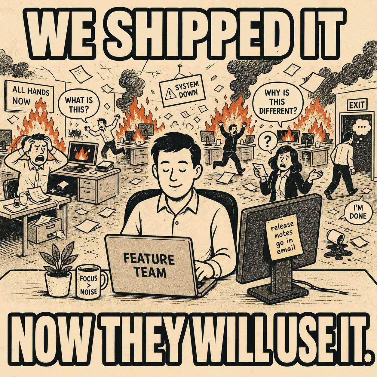 Person calmly working while company chaos unfolds behind them labeled feature shipped adoption problem