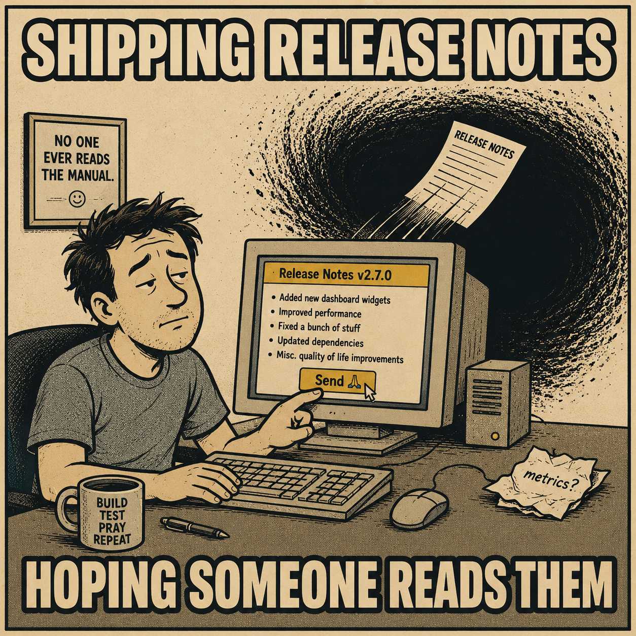Engineer sends release notes into a featureless void with resigned expression
