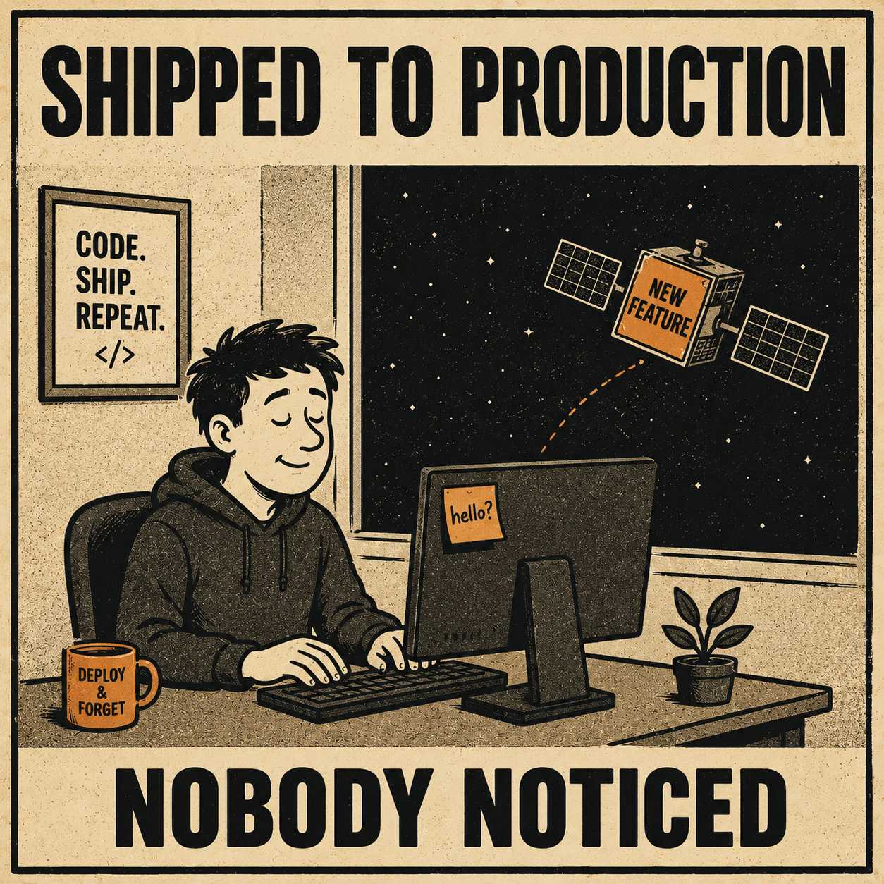 Engineer at desk, feature drifting unnoticed into space behind them