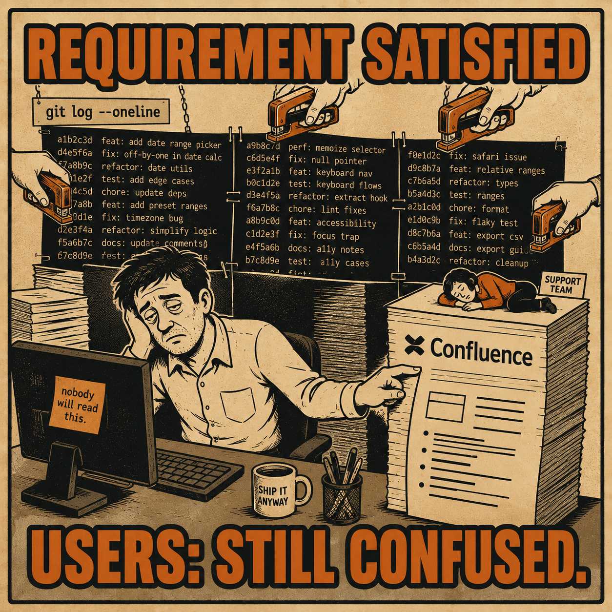 Engineer pasting git log into document while wall of output grows behind them