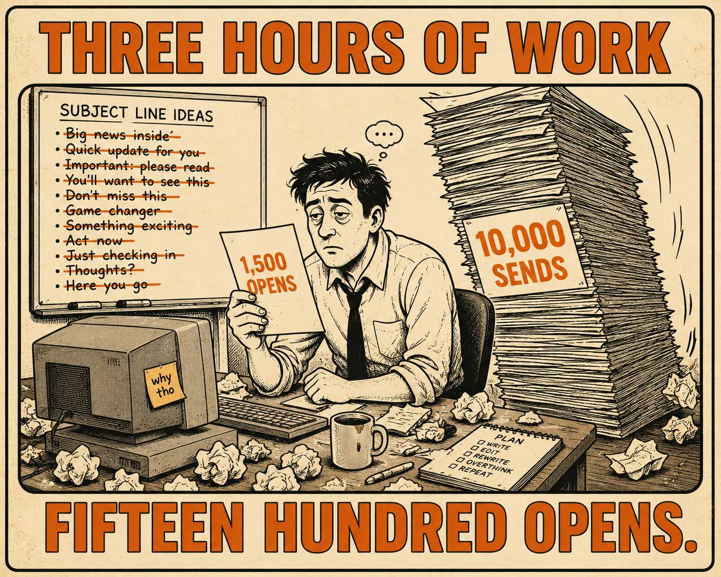 Exhausted person at desk holding tiny stack of opens, massive stack of sends behind them