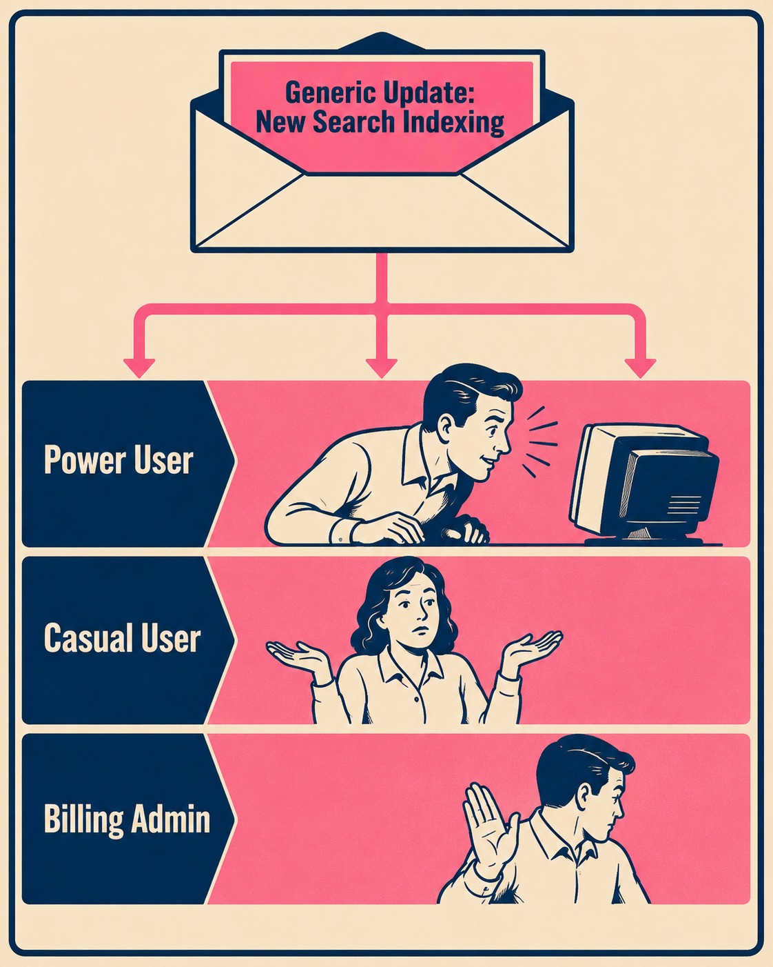 Three audience segments receiving single generic email with different levels of engagement