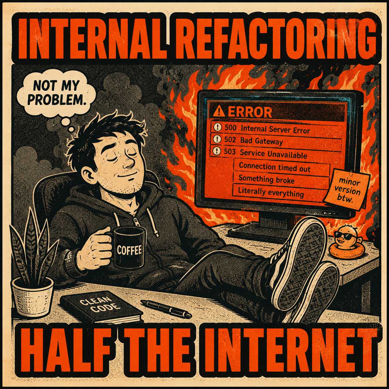 Developer at desk working calmly while computer screen burns with errors