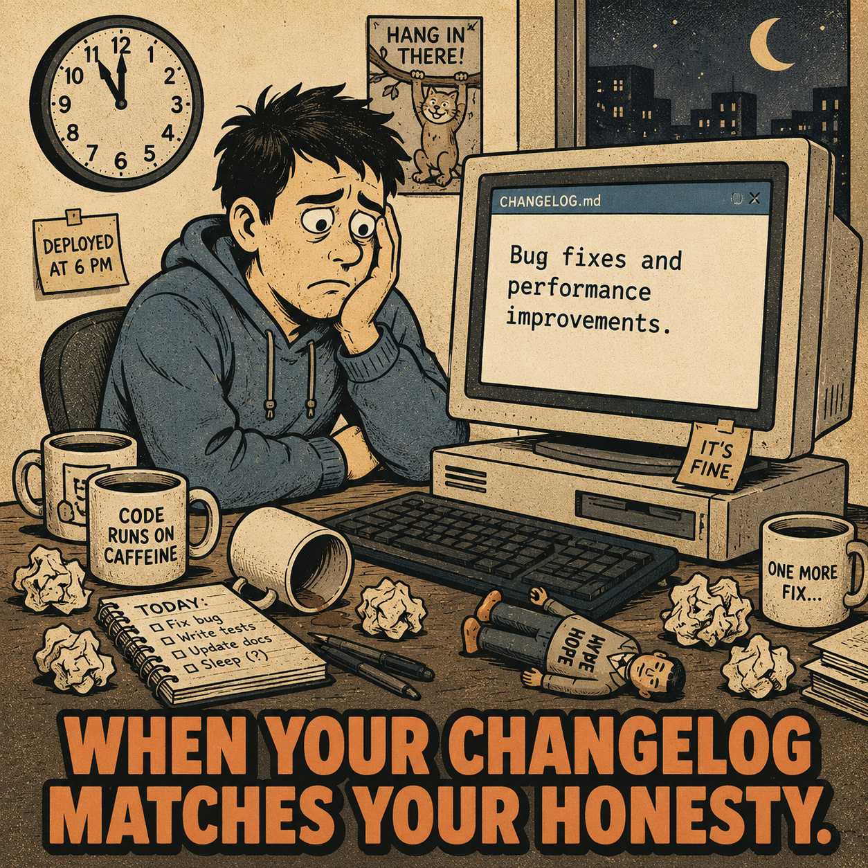 Developer staring at screen showing useless changelog, surrounded by coffee cups and chaos