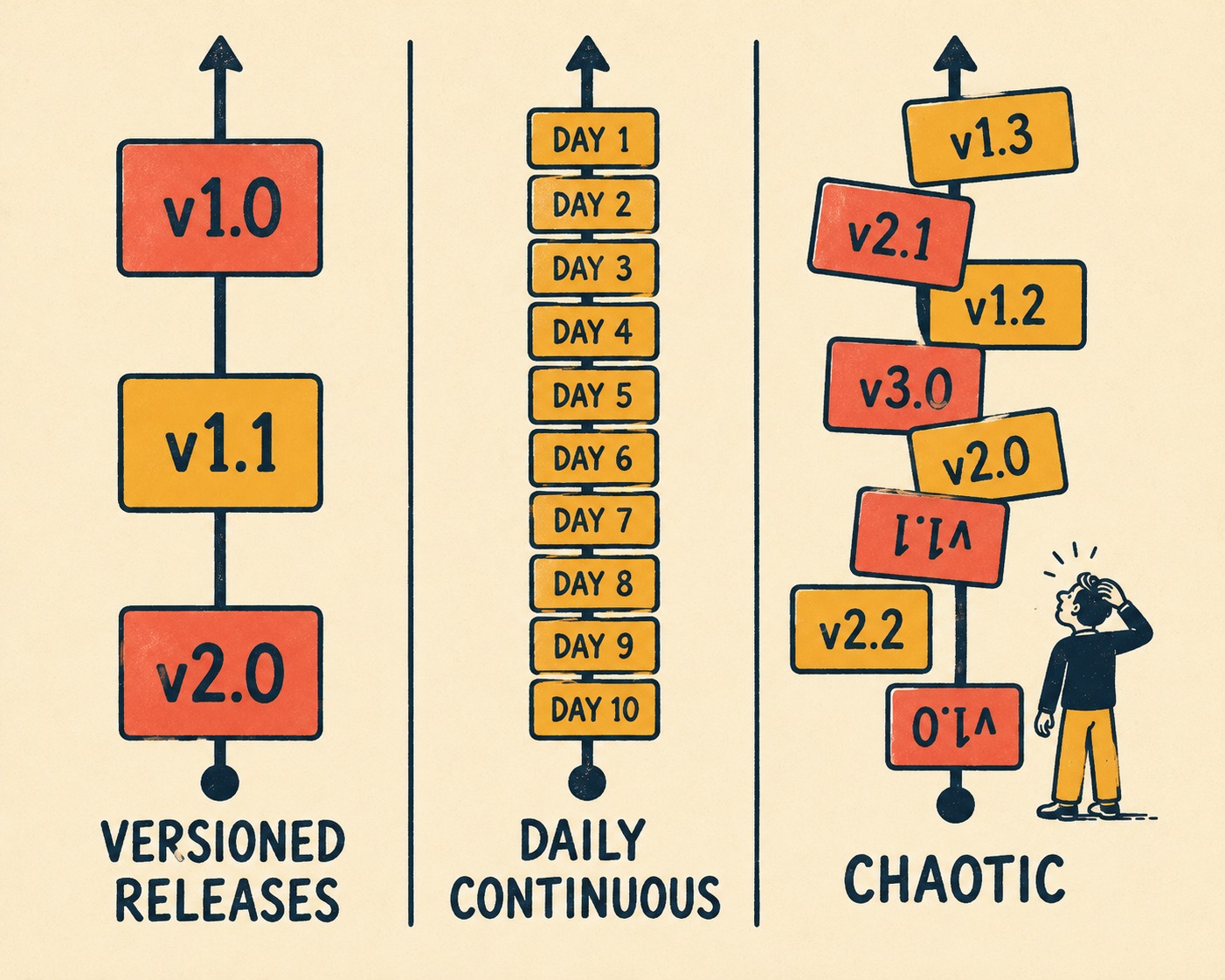 Three timelines showing versioned, daily continuous, and chaotic release cadences