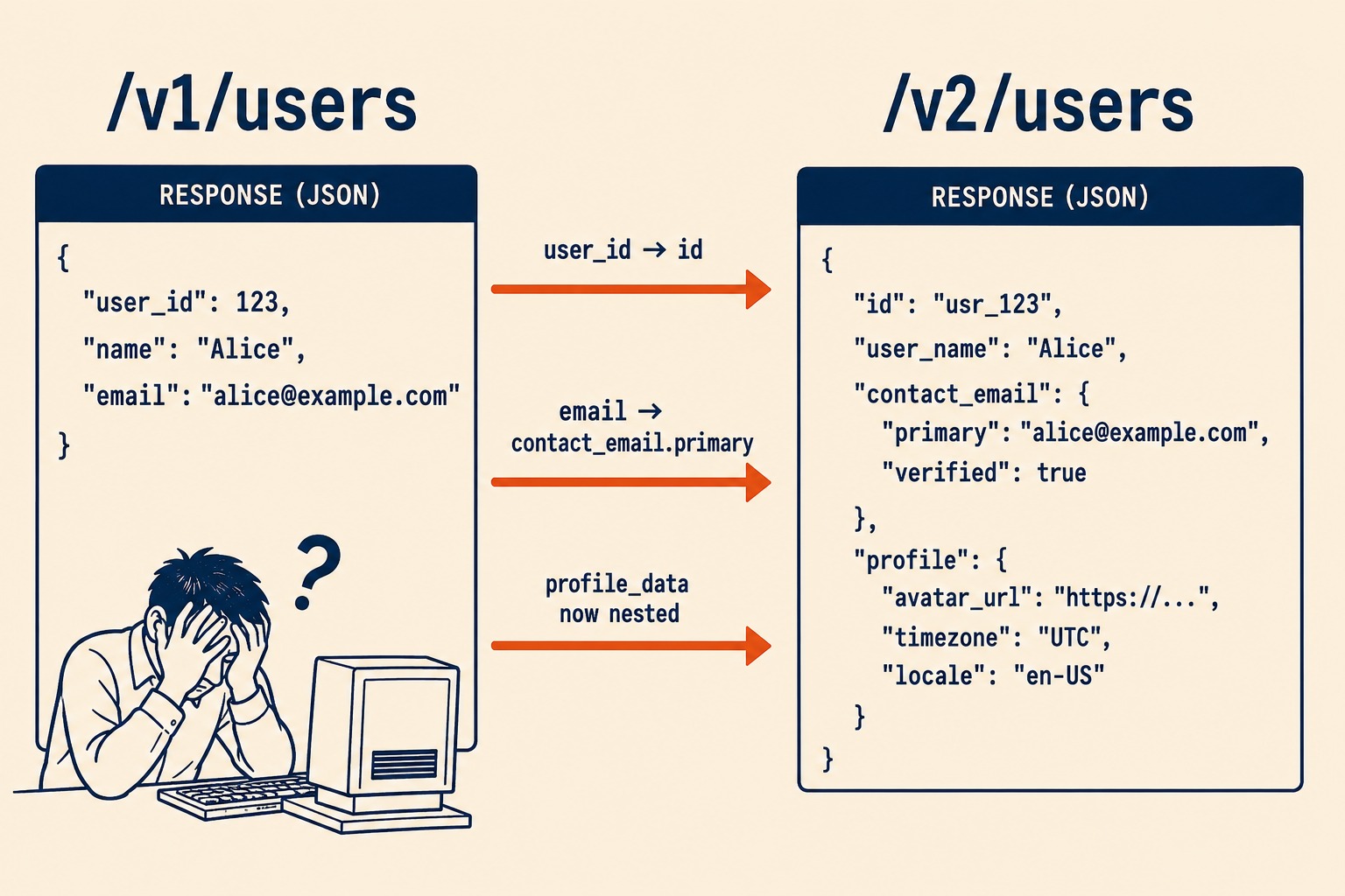Side-by-side API endpoint comparison showing field mappings and structure changes