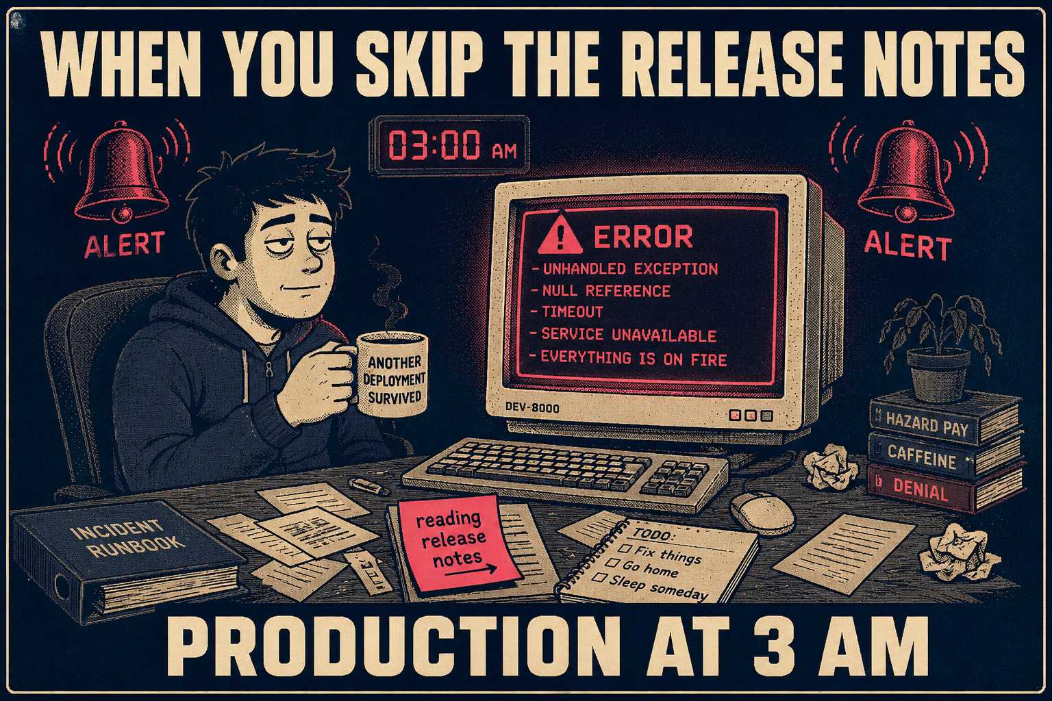 Developer at desk surrounded by alarm bells while casually ignoring broken systems.