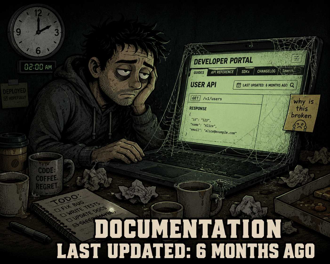 Exhausted engineer at 2 AM staring at outdated developer portal documentation
