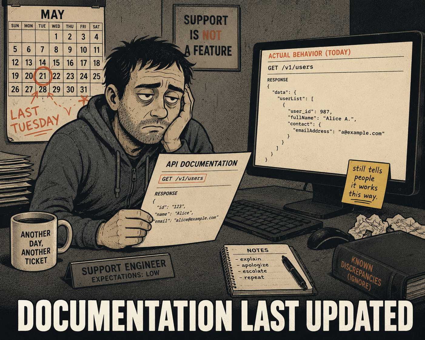Support engineer holding outdated documentation while calendar marks last Tuesday