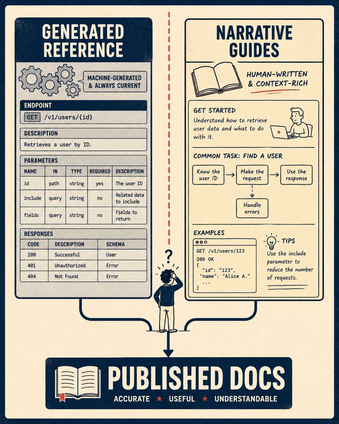 Two documentation streams separated: machine-generated reference and human narrative guides