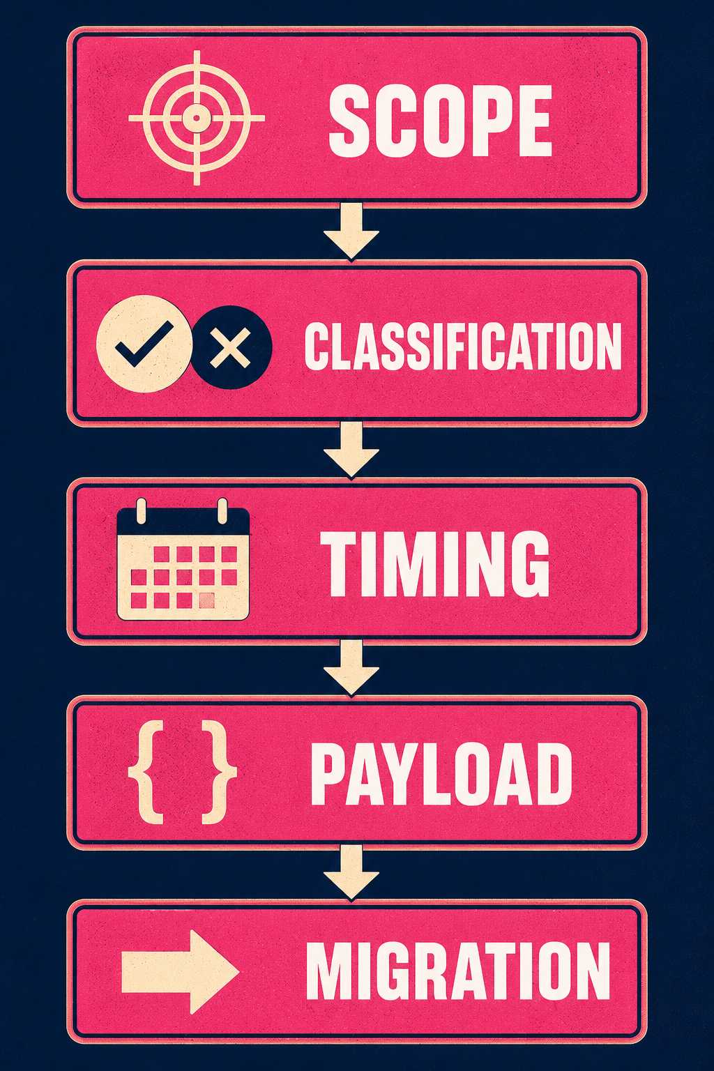 Five-step flow diagram showing scope, classification, timing, payload, migration sequence