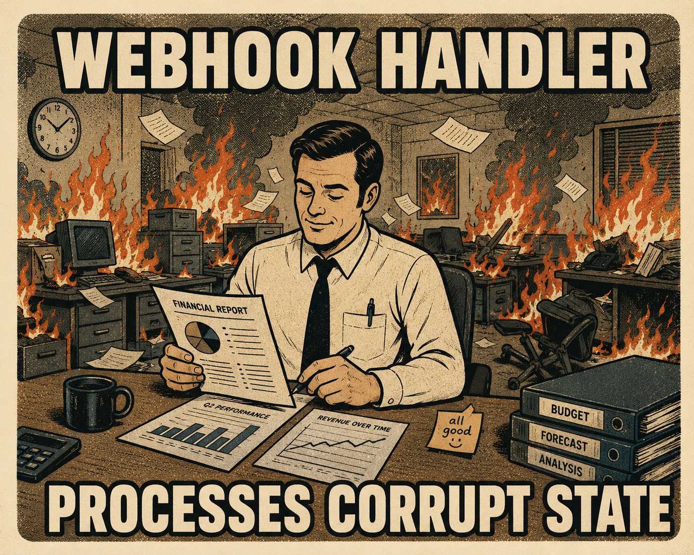Office worker calmly reviewing reports while office burns behind them labeled webhook handler