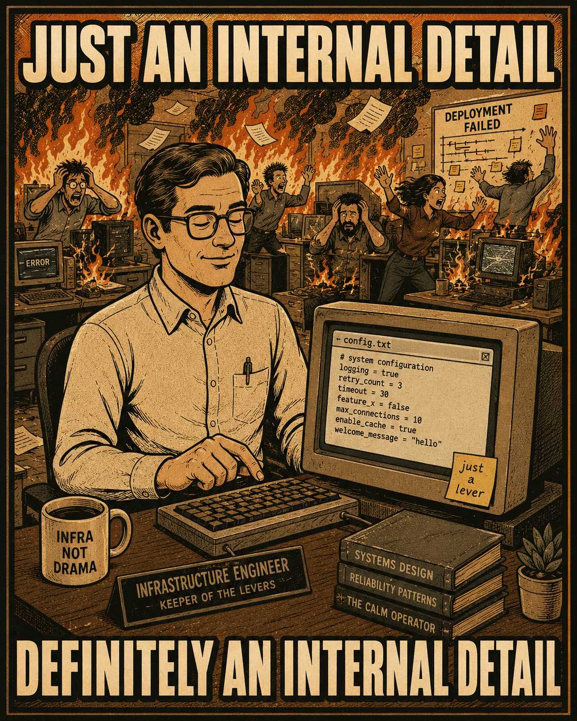 Calm engineer tweaking a config file while office burns in background, labeled internal detail