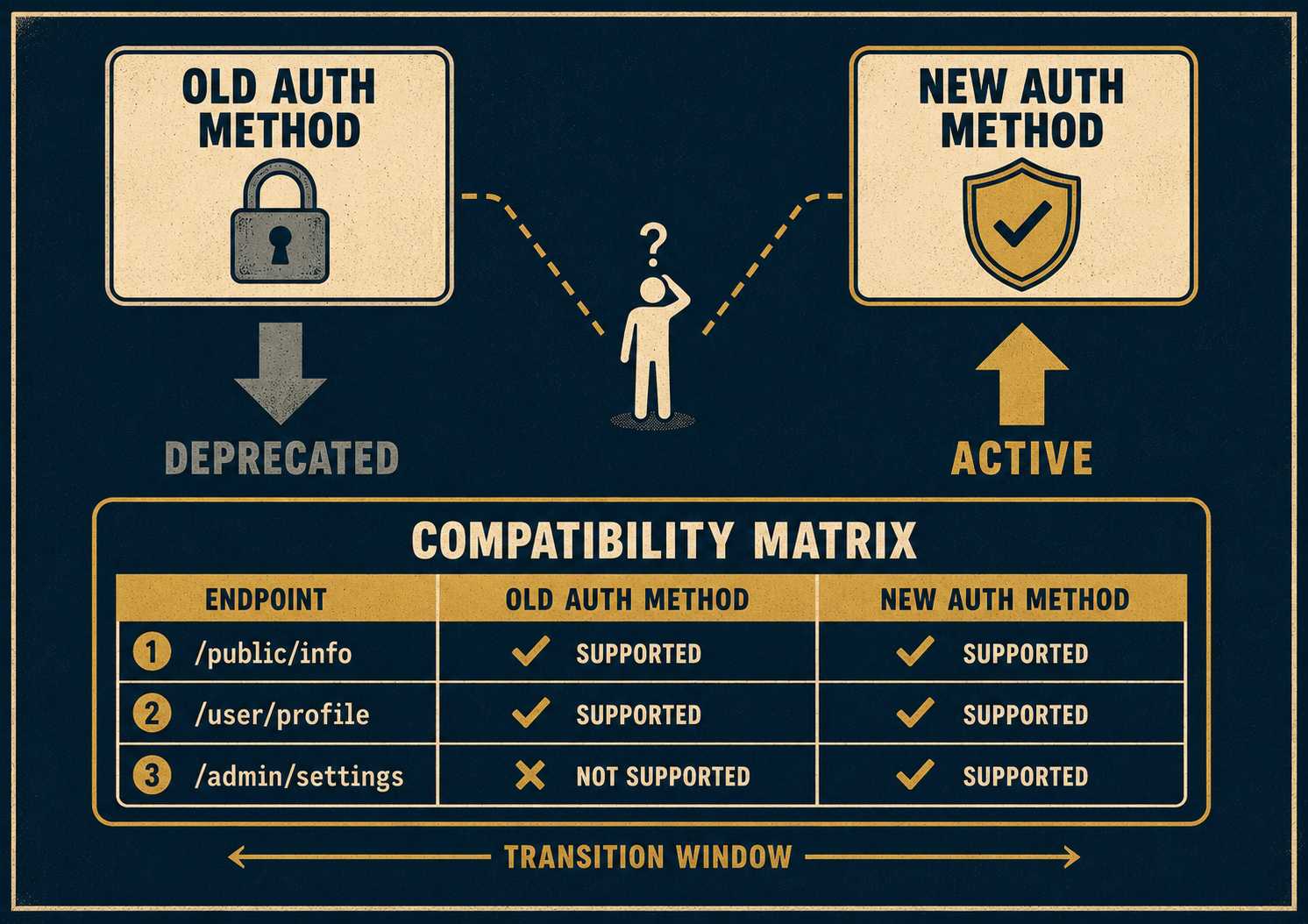 Diagram showing two authentication methods in parallel with compatibility matrix table between them