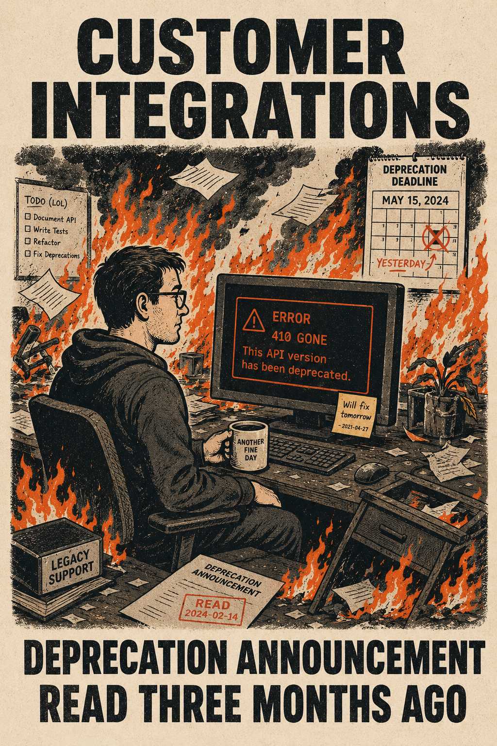 Developer at desk surrounded by fire, staring at error message on screen