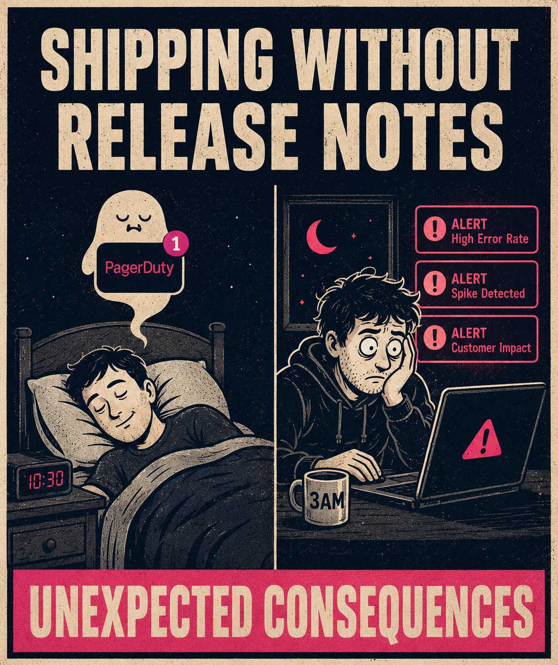 Split scene of engineer sleeping versus awake at 3am with alert indicators