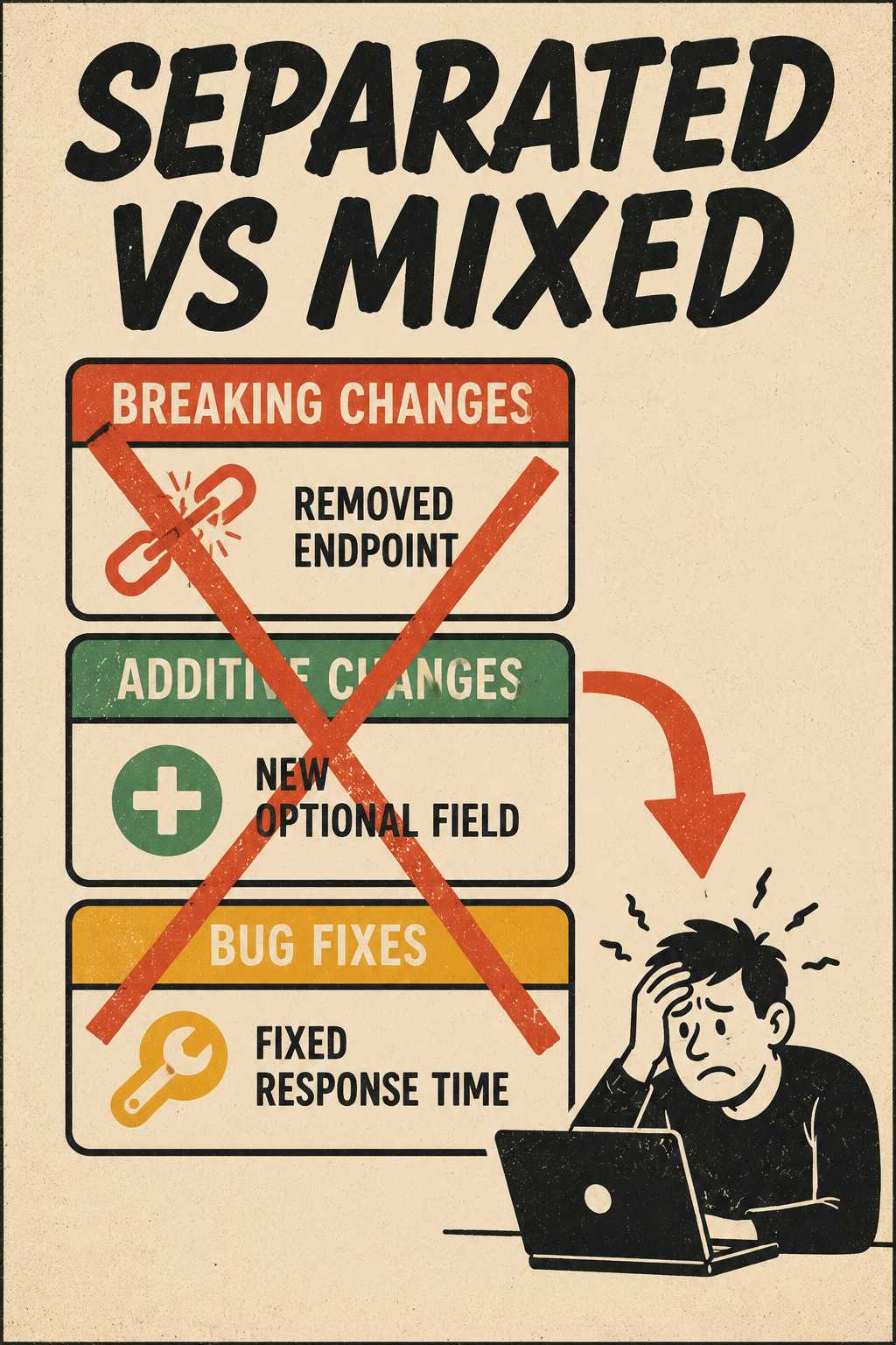 Three categories of changes shown separated and mixed together with frustrated developer