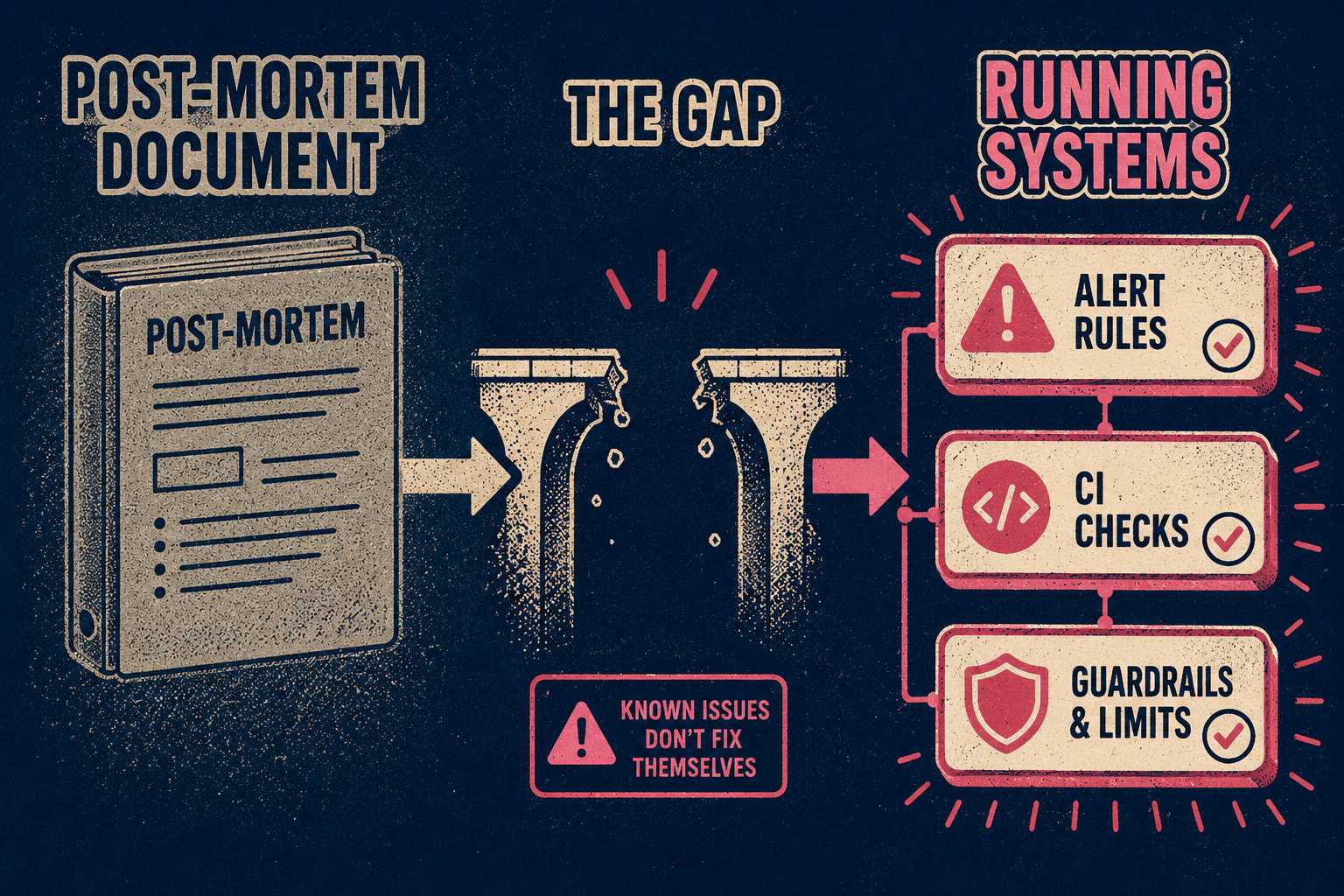 Diagram showing post-mortem document on left, gap in middle, active systems on right with alerts and CI checks.