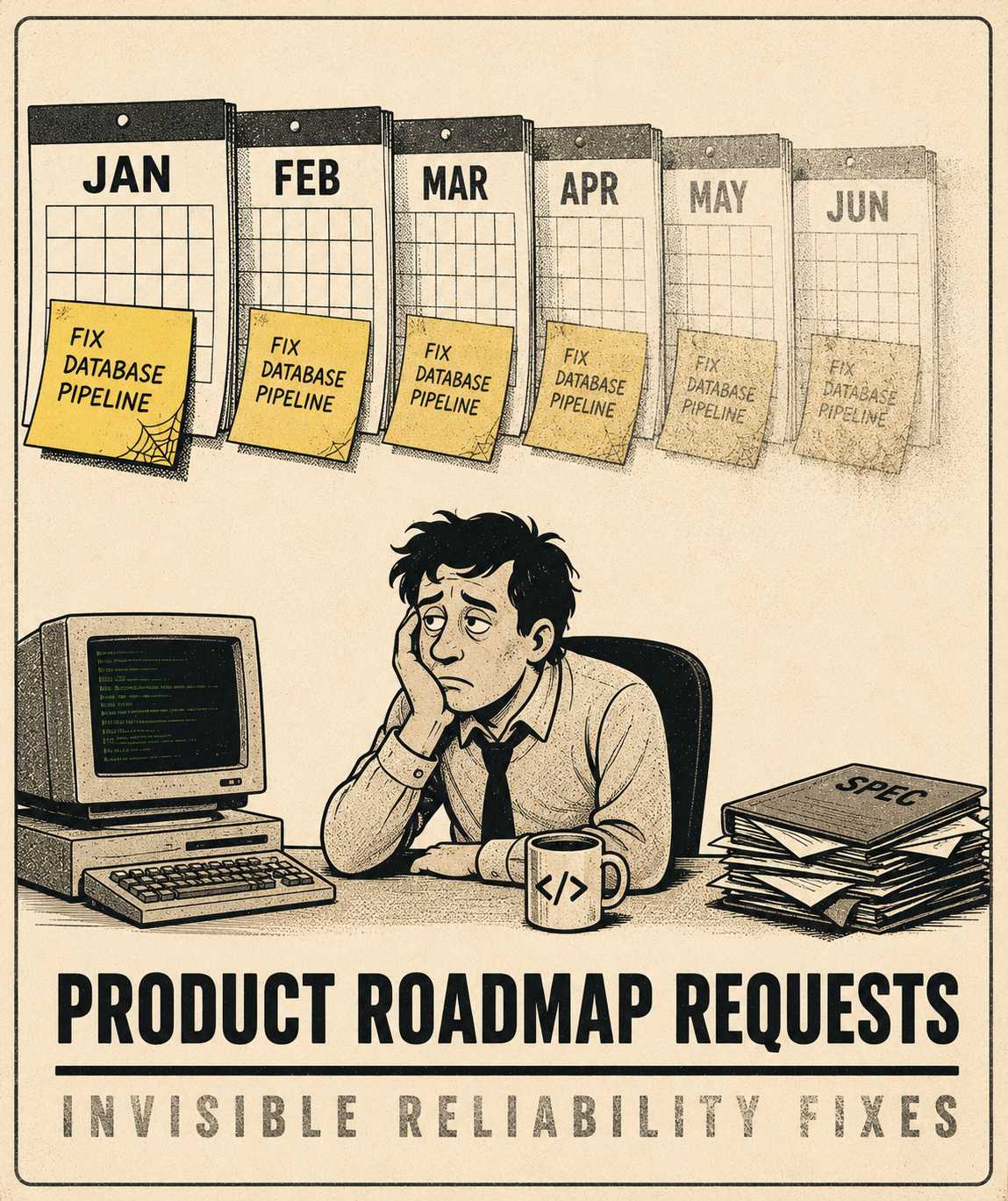 Calendar with fading sticky note labeled 'fix database pipeline' over six months, engineer ignores it below.