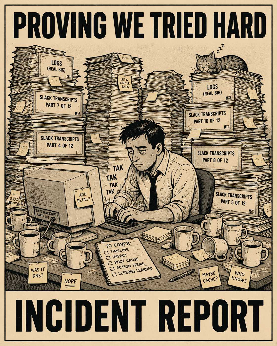 Engineer drowning in Slack transcripts and logs at desk, titled Proving We Tried Hard