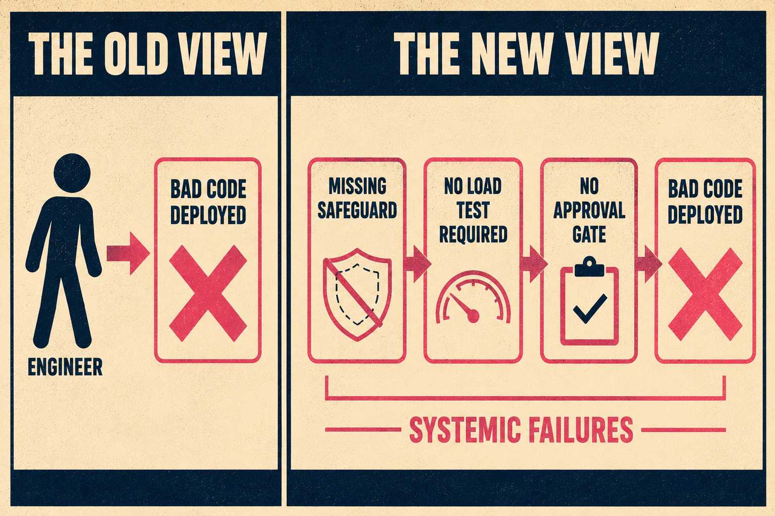 Diagram comparing blame-focused versus systemic root cause analysis approaches
