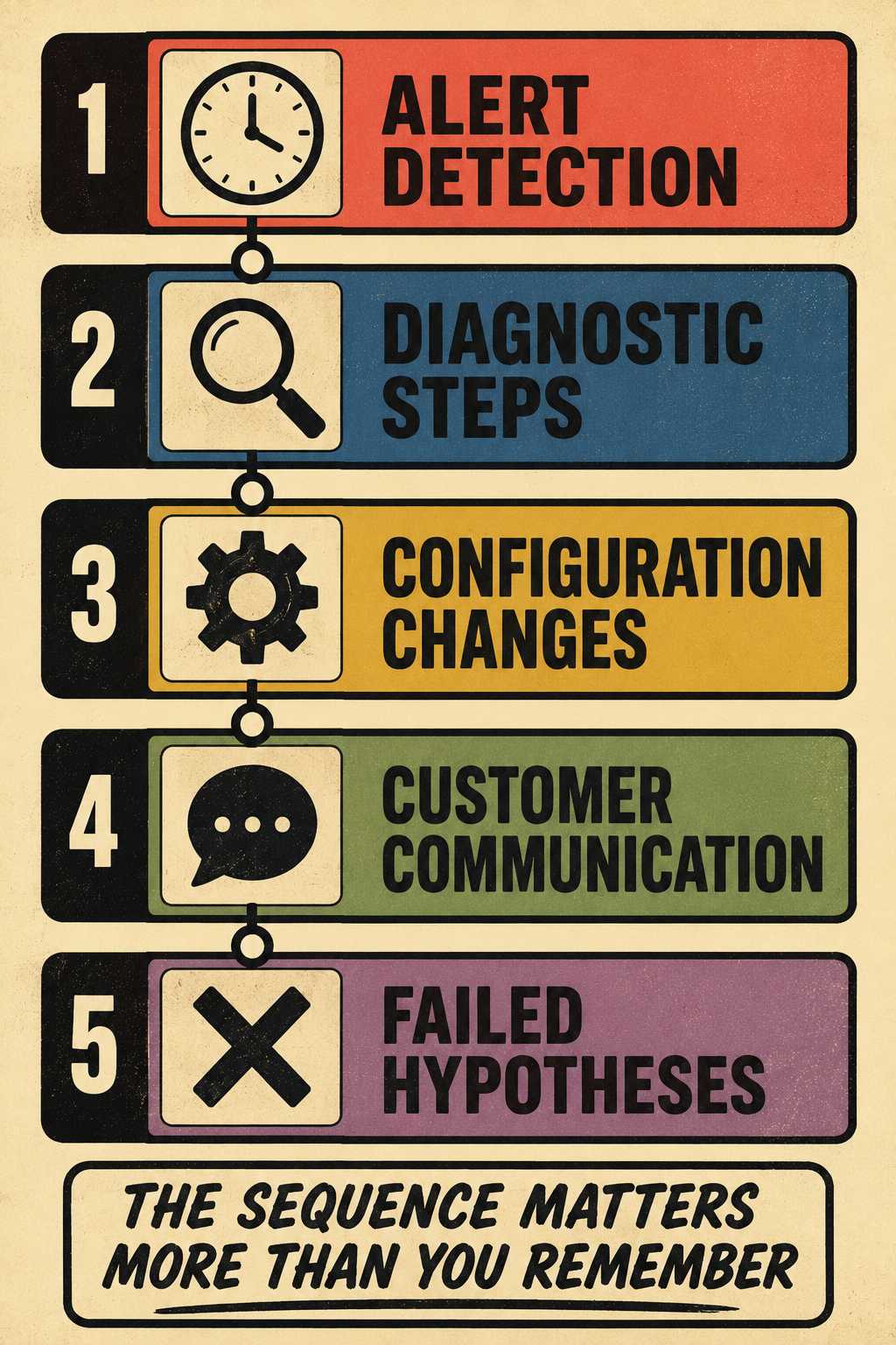 Vertical timeline showing five incident documentation categories in 1970s poster style.