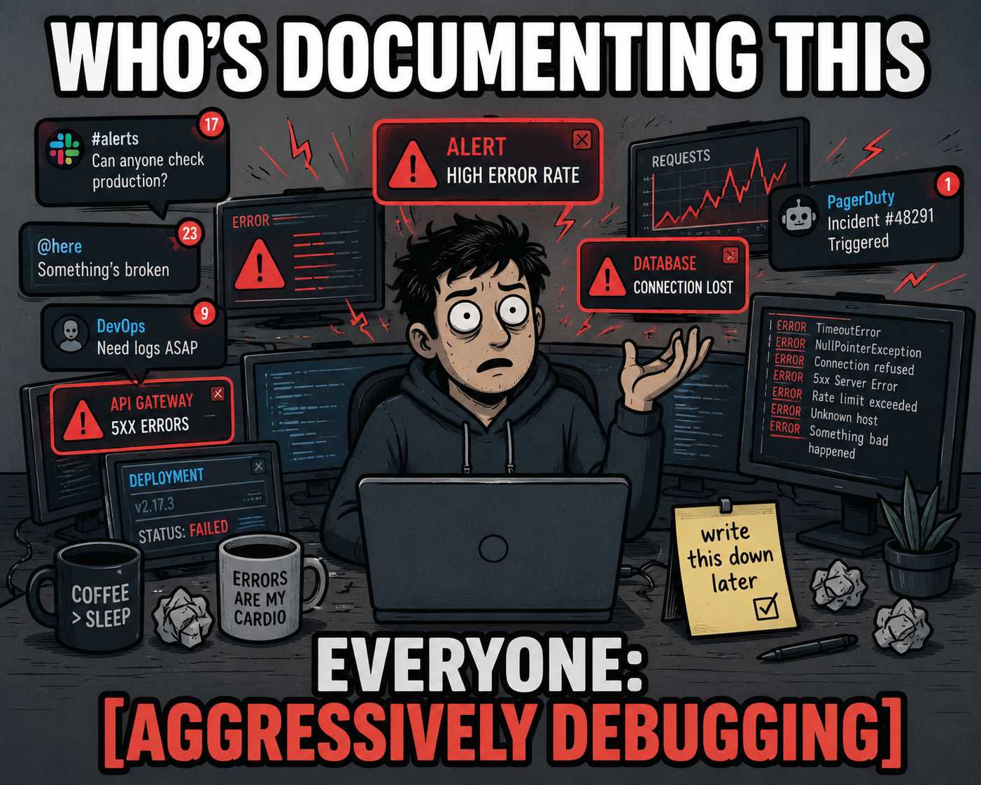 Person surrounded by chaos asking who is documenting, with sticky note reminder never to be checked.