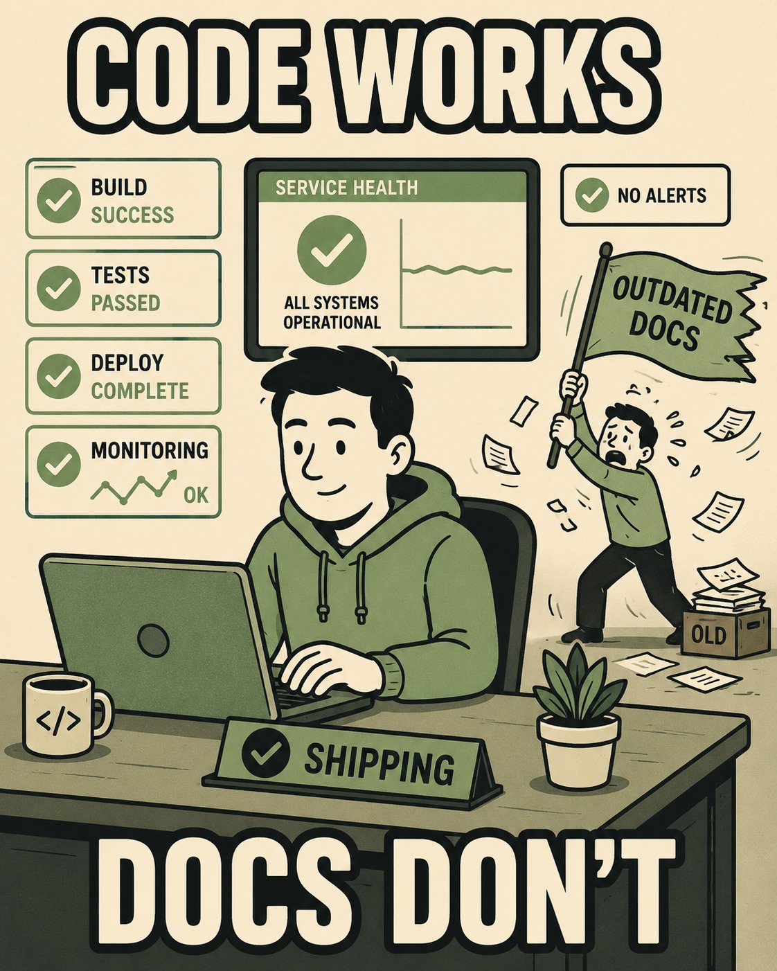 Person at desk with checkmarks while small figure waves ignored flag labeled outdated docs