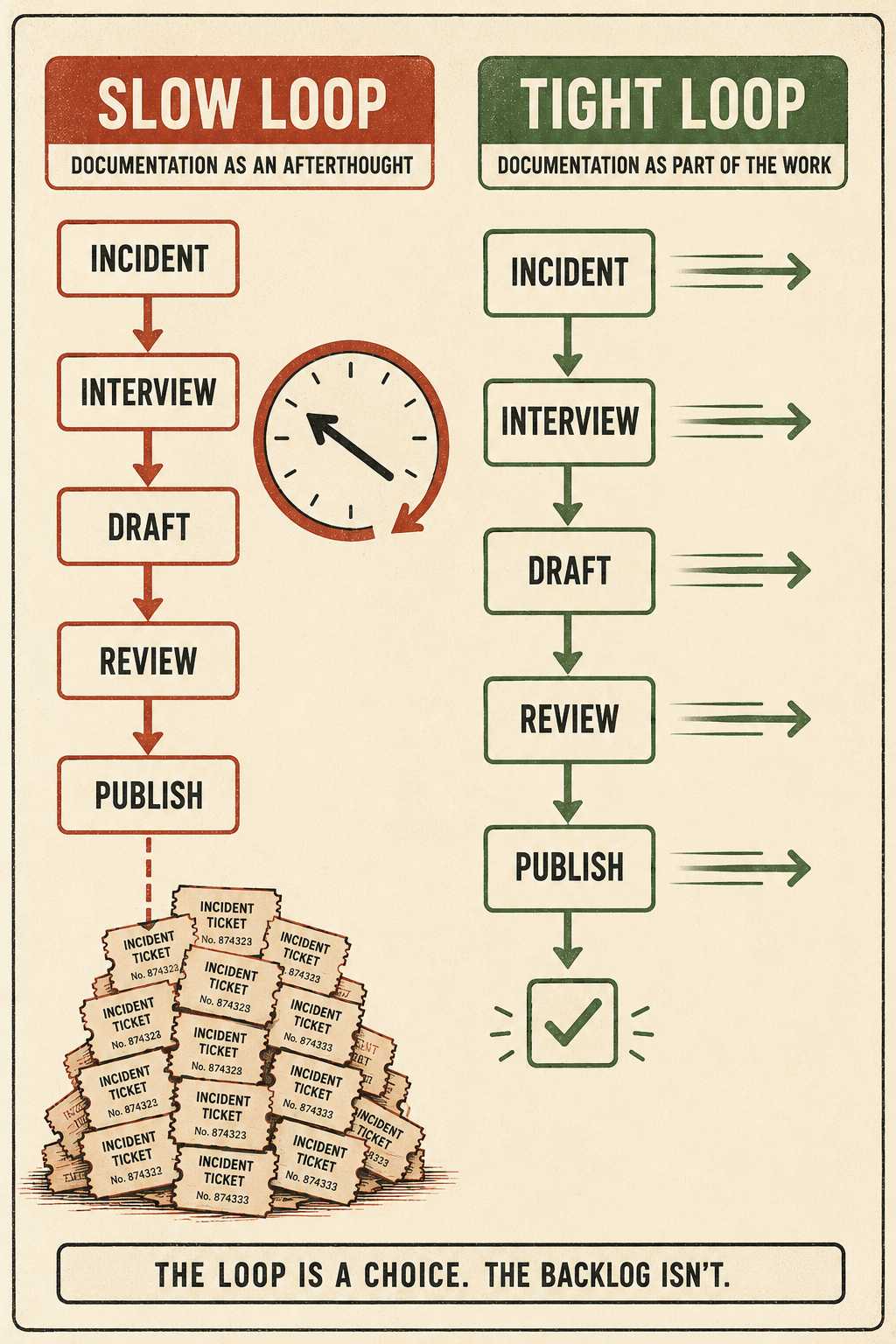 Two parallel timelines comparing slow documentation feedback loop versus fast loop