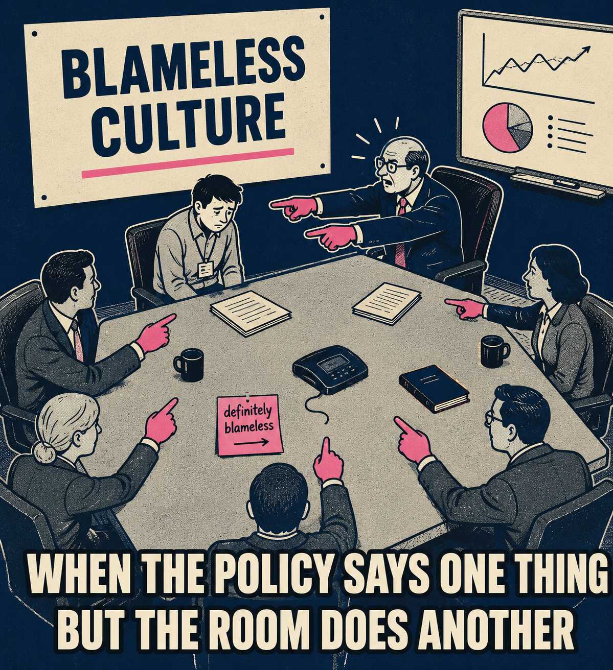 Conference room scene with VP pointing at engineer under blameless culture poster