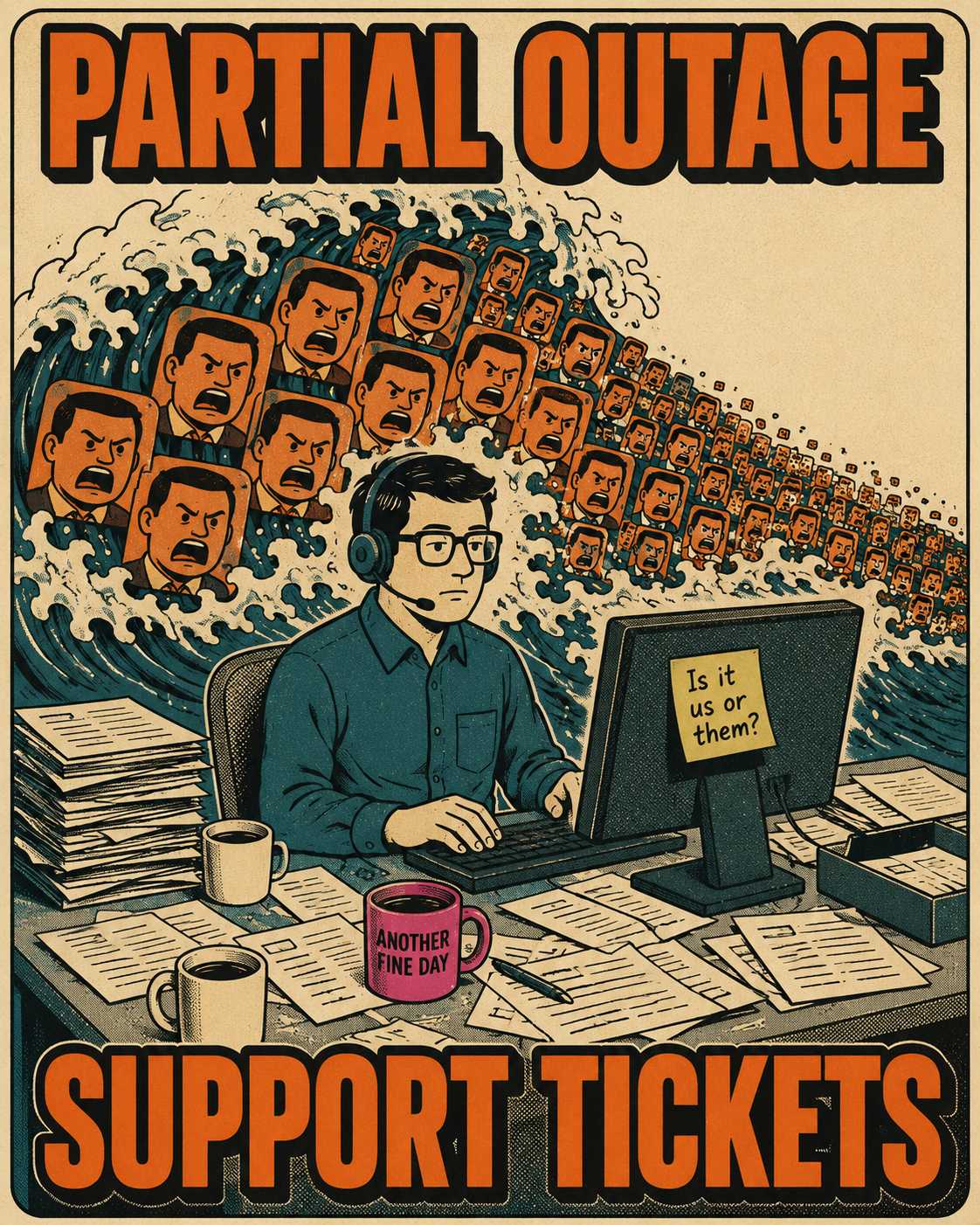 Support worker at desk surrounded by flood of customer complaints