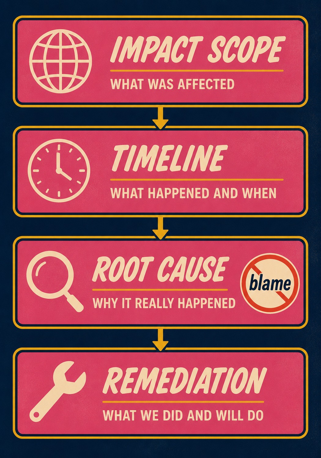 Four-step flowchart showing incident summary structure: impact, timeline, root cause, remediation.