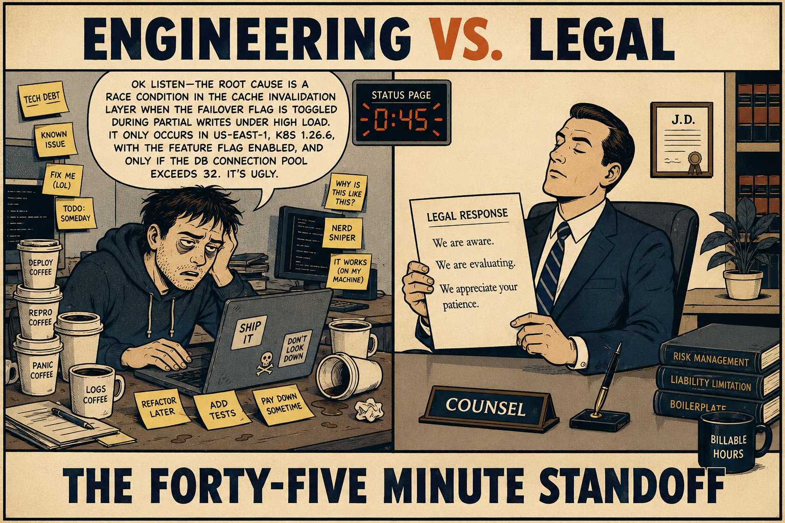 Split-screen meme showing engineer with detailed notes versus lawyer with vague statement.
