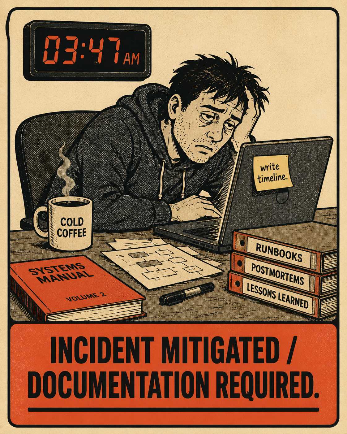 Exhausted engineer at desk at 3:47 AM with coffee mug and sticky note reminder to write timeline