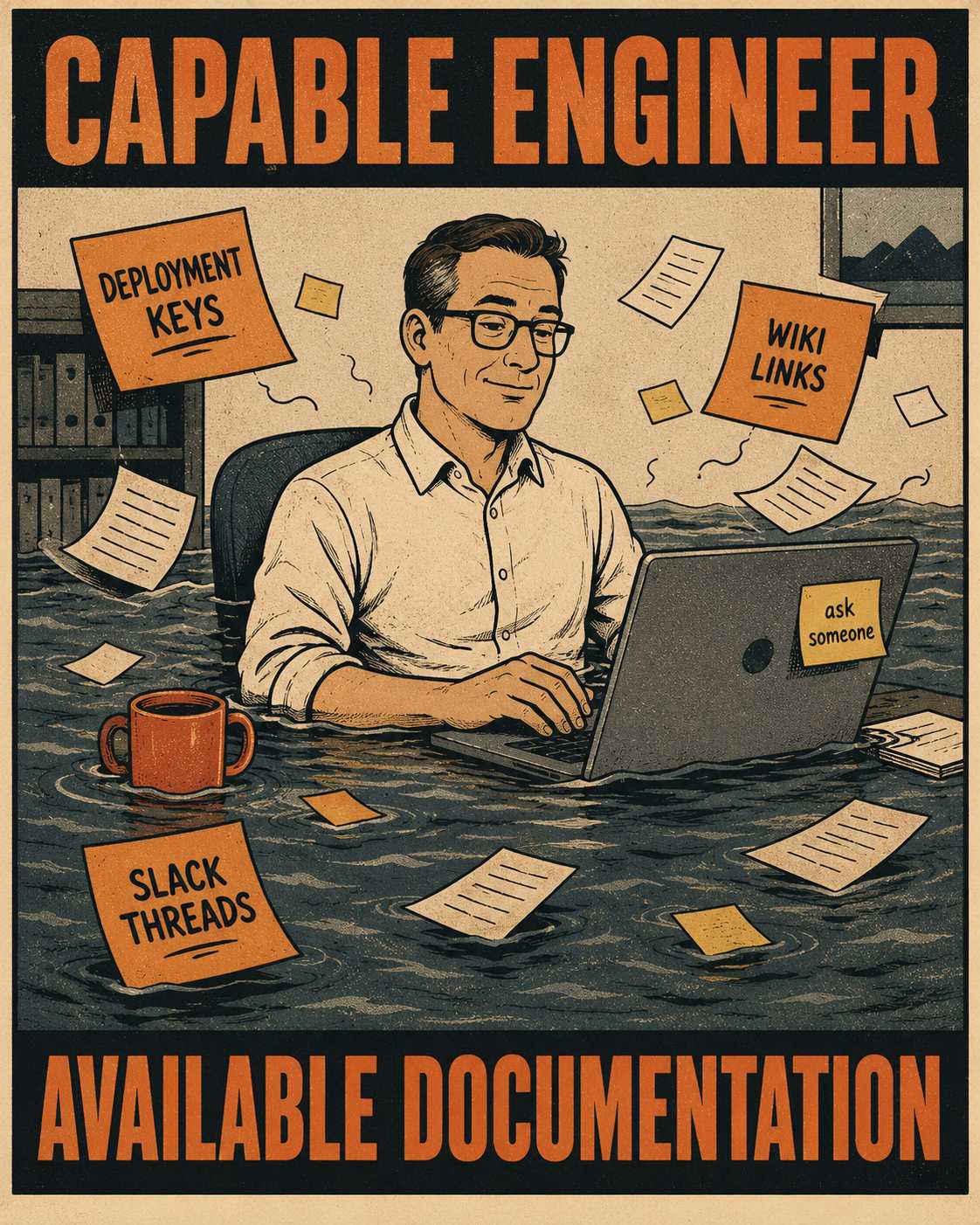 Senior engineer calmly working at desk while drowning in documentation papers and water