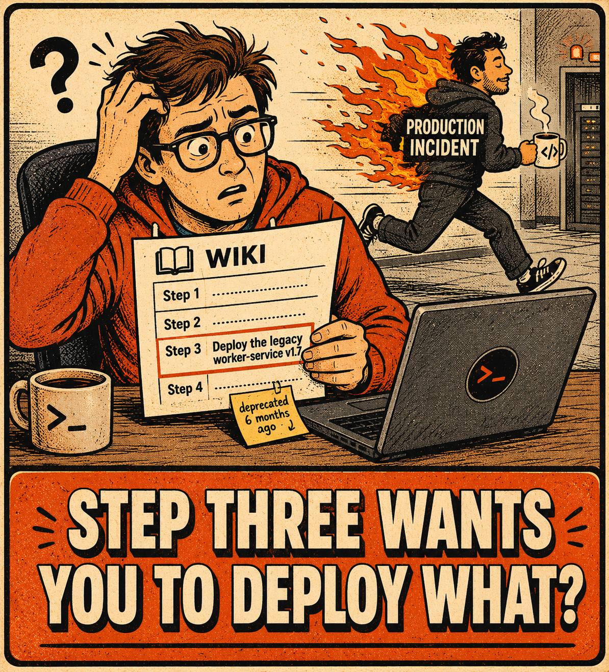 Confused engineer at desk with deprecated wiki page while colleague runs past engulfed in flames