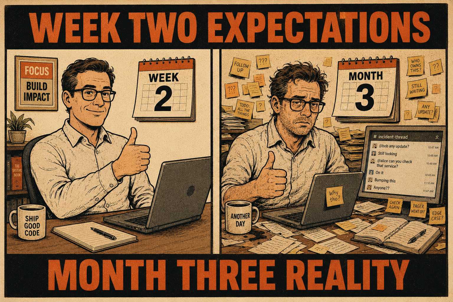 Senior engineer comparison: confident on day one versus overwhelmed at month three.