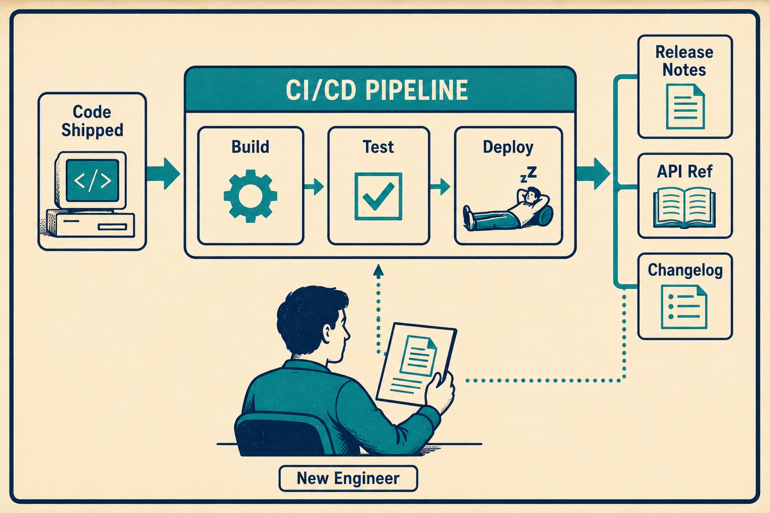 Pipeline diagram: code commit flows through CI/CD to generate documentation artifacts.