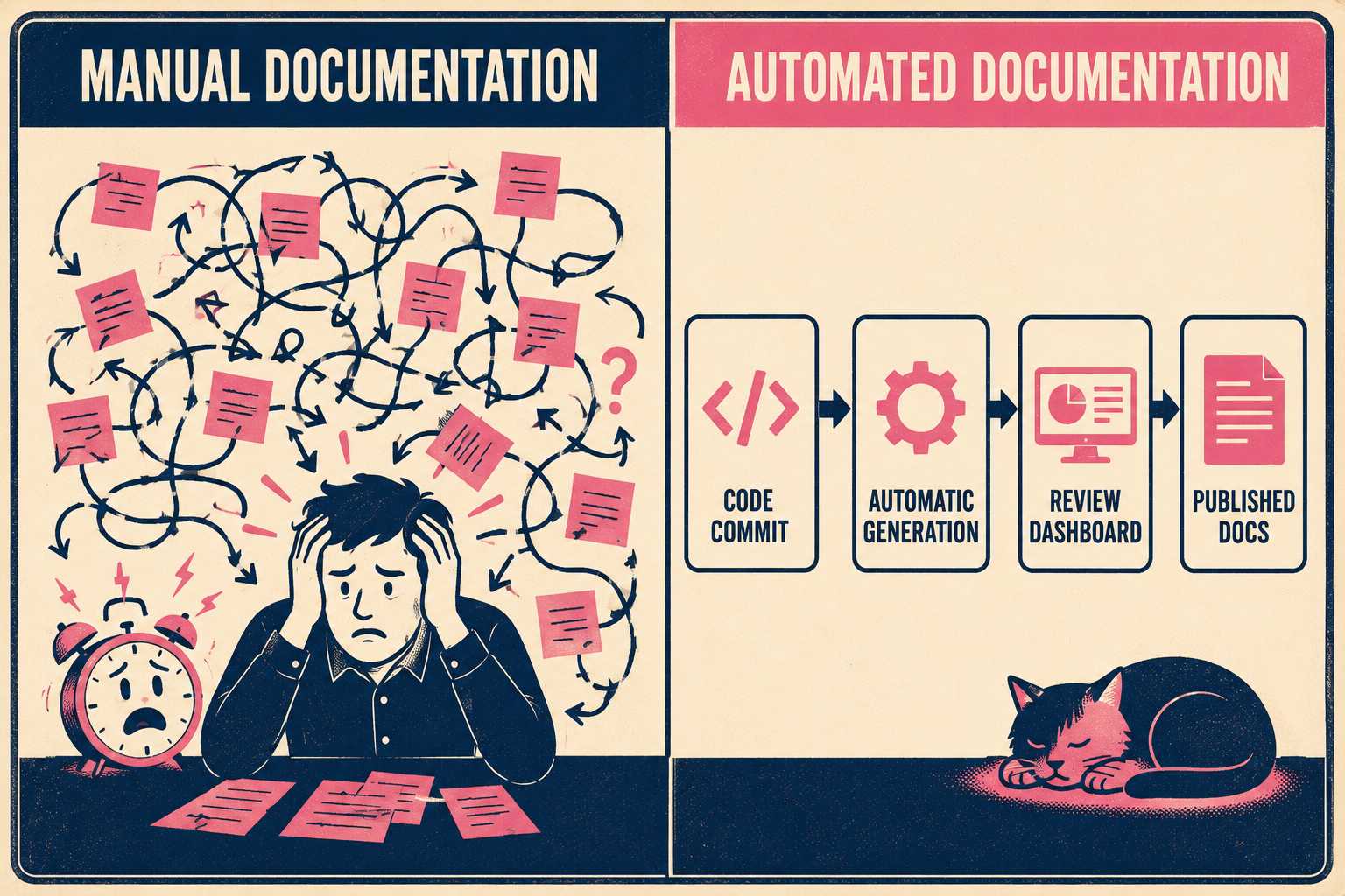 Comparison of manual versus automated documentation workflow in retro infographic style
