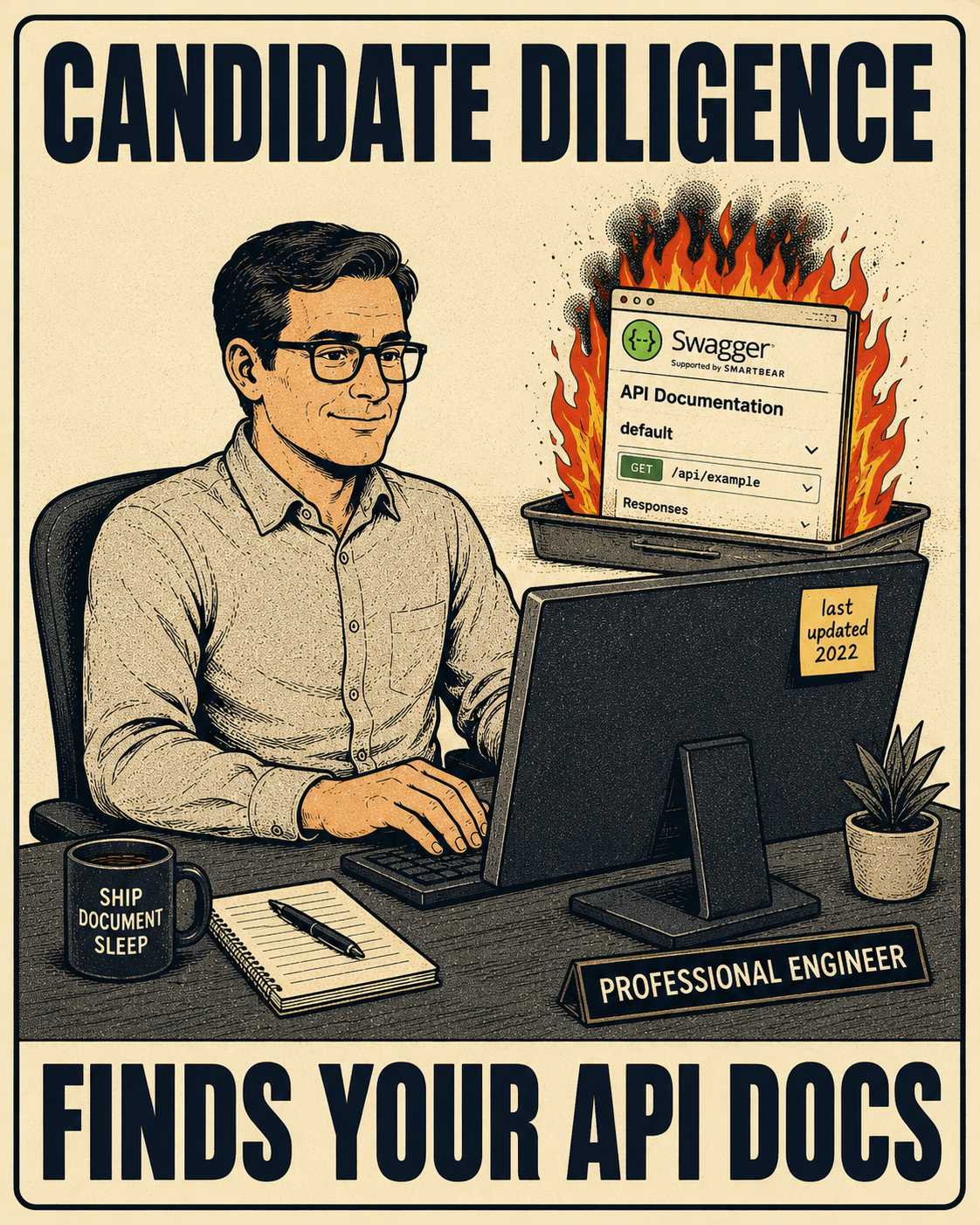Engineer calmly working while API documentation burns behind them in contained fire