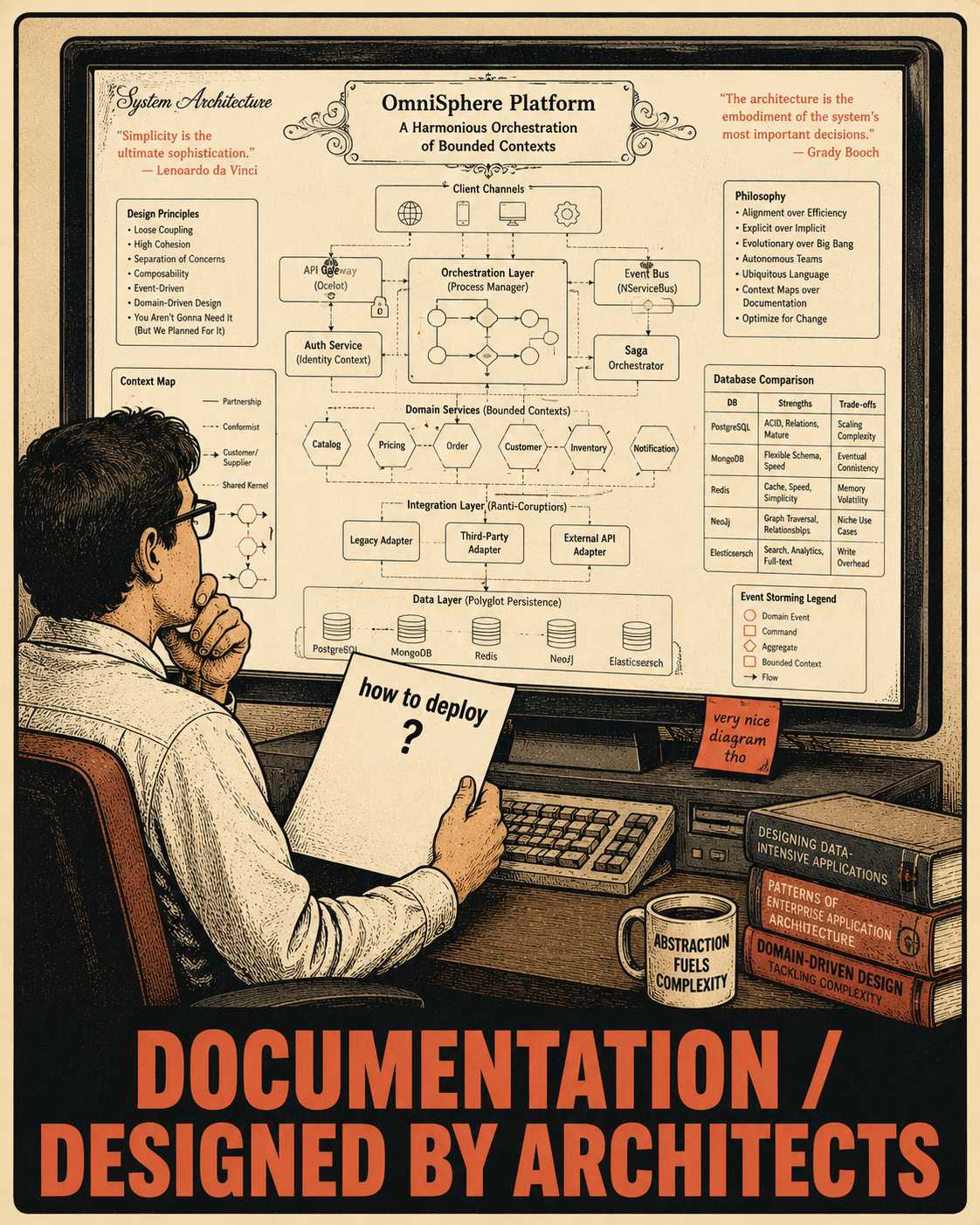 Engineer staring at ornate architecture diagram while holding blank deployment instructions