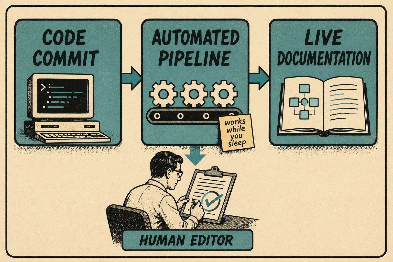 Three-box workflow diagram from code commit through automated pipeline to live documentation with human review