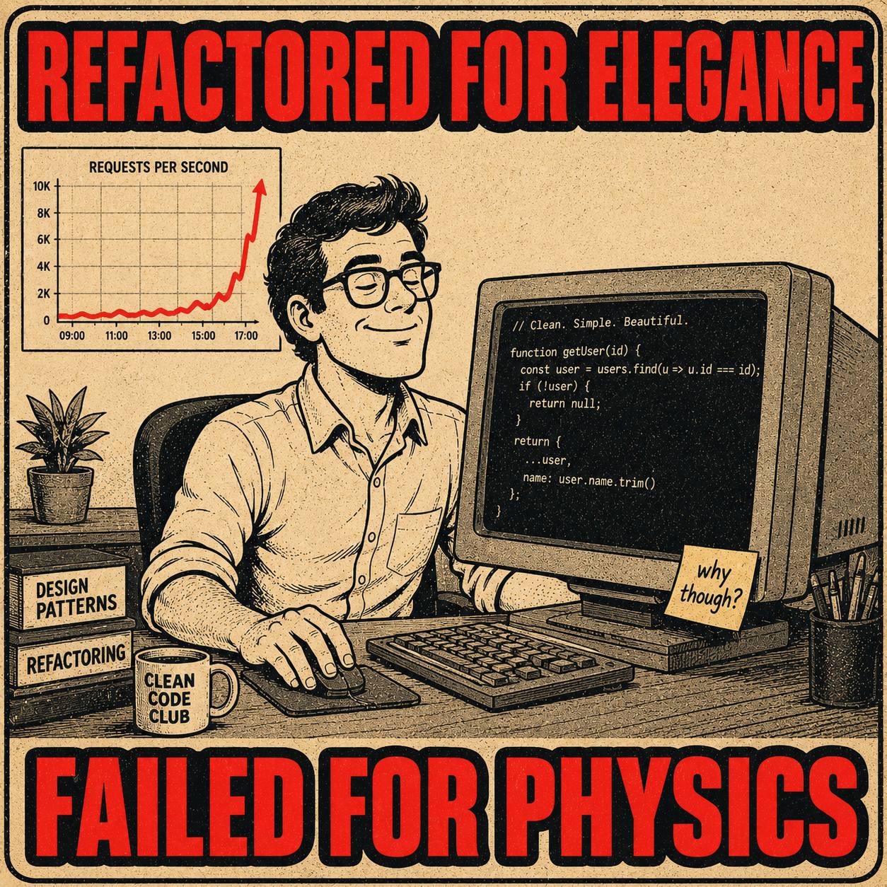 Engineer confidently refactoring code while production metrics spike silently in the background
