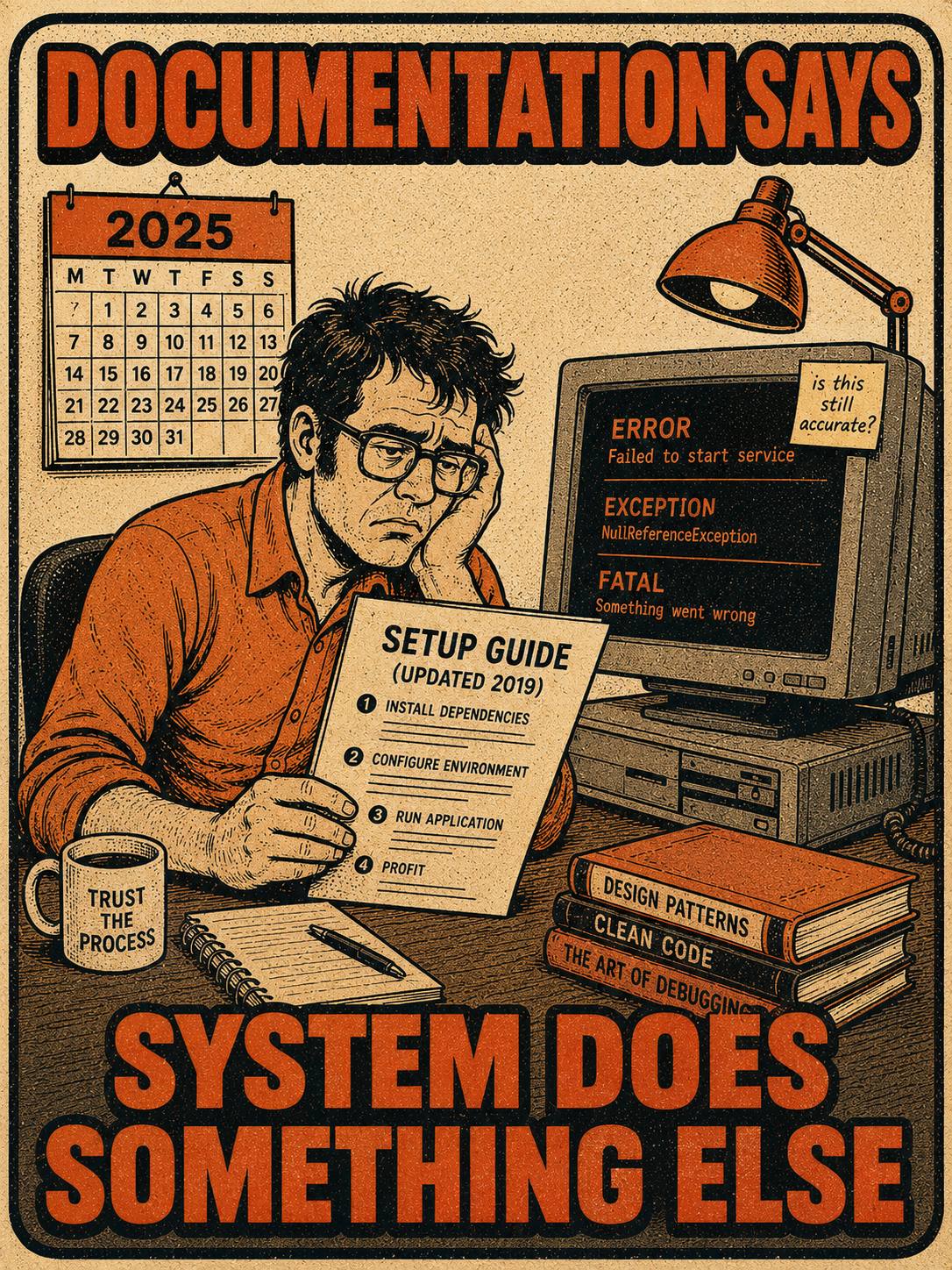 Engineer reading outdated documentation while computer shows errors; text: documentation says / system does something else