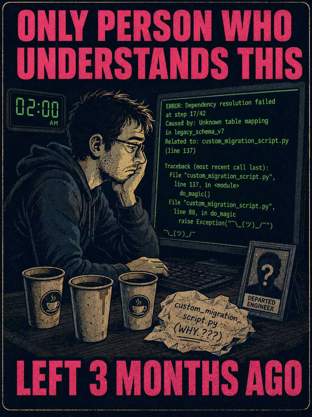 Engineer staring at cryptic error at 2 a.m., surrounded by coffee cups and a mystery script file